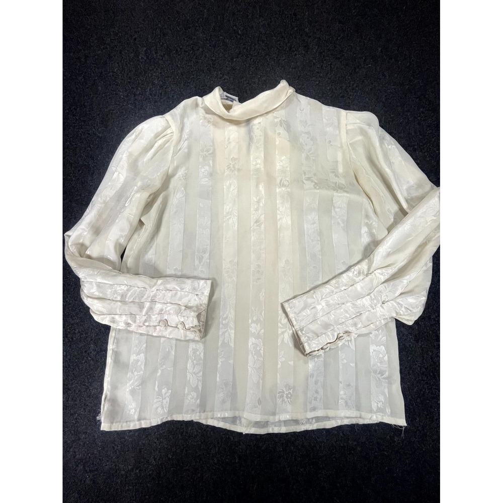 VTG 80s Anne French Blouse Top Womens 6 Ivory Jacquard Floral Stripe High Neck
